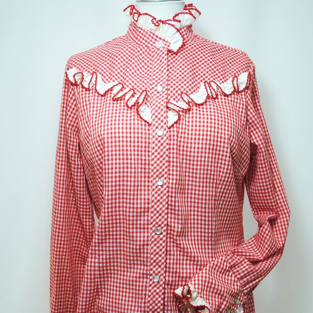1960s prairie style H Bar C shirt Sz 38 red check, white ruffle, pearl snaps EX